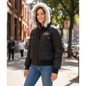 Vintage Apple Bottoms Black Puffer Jacket Faux Fur Hood Rhinestone Logo Size S